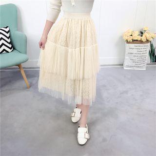 Lace-panel Mesh Layered Midi Skirt