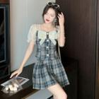 Set: Short Sleeve Square Neck Bow Accent Plaid Blouse + Pleated Mini Skirt
