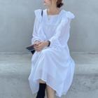Long-sleeve Ruffled Plain Dress White - One Size