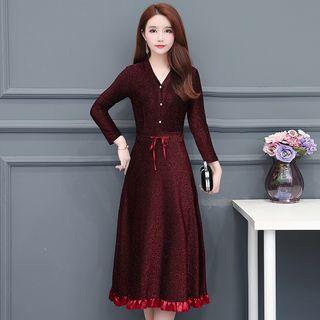 3/4-sleeve Glitter A-line Midi Dress