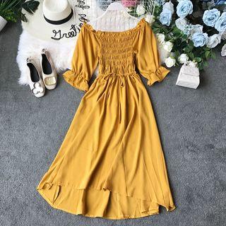 Puff-sleeve Drawstring Chiffon Dress