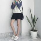 Set: Plain Lantern-sleeve Blouse + Cable-knit Vest + Mini A-line Skirt