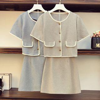 Set: Short-sleeve Buttoned Blouse + A-line Mini Skirt