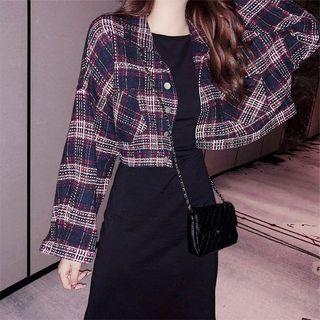 Plaid Cropped Buttoned Jacket / Spaghetti Strap Sheath Dress