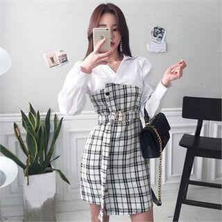 Inset Blouse Tweed Dress With Belt