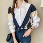 Long-sleeve Bow-front Color Block Shirt