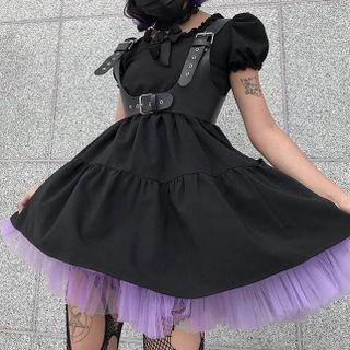 Puff-sleeve Frill Trim Bow Accent Mini A-line Dress