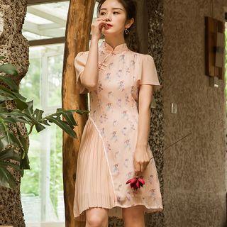 Floral Print Short-sleeve Chiffon Qipao
