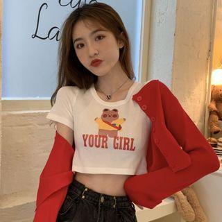 Short-sleeve Bear Print Cropped T-shirt / Cropped Cardigan