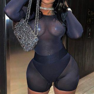 Set: Long-sleeve See Through Top + Shorts