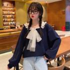 Mesh Panel Bow-neck Sweatshirt Blue - One Size