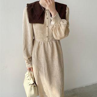 Contrast Collar Corduroy Midi A-line Dress