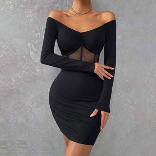 Long Sleeve Off-shoulder Mesh Panel Mini Bodycon Dress