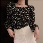 Square-neck Floral Ruched Long-sleeve Top