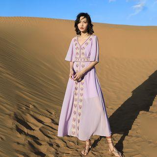 Leaf Embroidered Elbow-sleeve Midi A-line Dress
