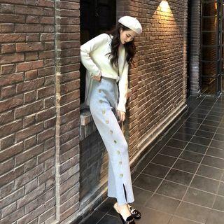 Button Detail Straight-cut Knit Pants