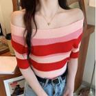 Striped Off Shoulder Knit Top As Shown In Figure - One Size