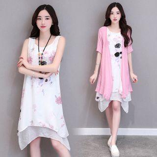 Set: Sleeveless Floral Print A-line Dress + Short-sleeve Jacket