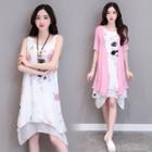 Set: Sleeveless Floral Print A-line Dress + Short-sleeve Jacket