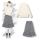 Mock Neck Sweater / Gingham Asymmetrical Ruffle Midi Skirt