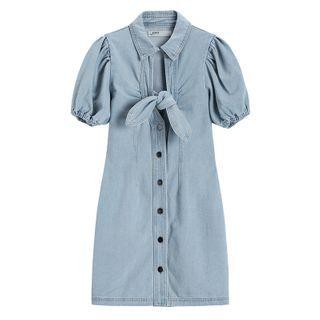 Short-sleeve Tied Button-up Denim Mini Dress