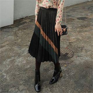 Accordion-pleat Contrast-trim Velvet Midi Skirt