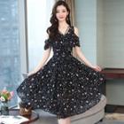 Floral Cold Shoulder Midi Chiffon Dress