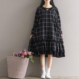 Check Long-sleeve A-line Midi Dress