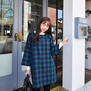 Cropped-sleeve Plaid Dress