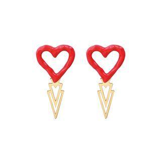 Fashion Simple Plated Gold Enamel Red Heart-shaped Geometric Earrings Golden - One Size