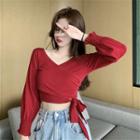 V-neck Balloon-sleeve Tie-side Cropped Top