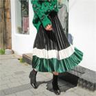 Color-block Velvet Pleated Midi Skirt