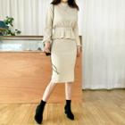 Set: Drop-shoulder Peplum Rib-knit Top + Midi Skirt