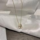Clover Shell Rhinestone Pendant Alloy Necklace Gold - One Size