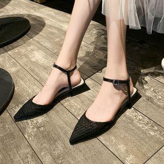 Embroidered Mesh Block Heel Sandals