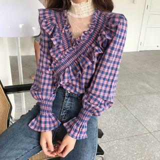 Frill-trim Plaid Blouse Purple - One Size