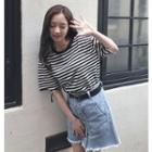 Striped Elbow Sleeve Mock Neck T-shirt
