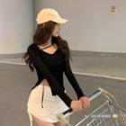 Long-sleeve Side-slit T-shirt / Drawstring Mini Pencil Skirt