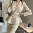 Peplum Cardigan & Pencil Skirt Knit Set Ivory - One Size
