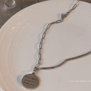 Lettering Disc Pendant Alloy Necklace 1705 - Silver - One Size