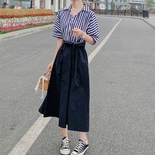 Short Sleeve Striped Panel Midi Shirtdress