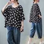 Elbow-sleeve Dotted T-shirt White & Black - One Size