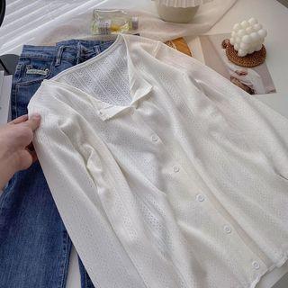 Long-sleeve Round Neck Single-breasted Knit Top White - One Size