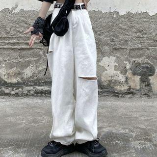 High Waist Plain Ripped Straight Cut Wide Leg Jeans