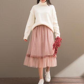 Furry Trim Mesh Overlay Midi Skirt