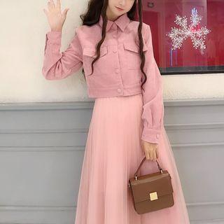 Cropped Corduroy Jacket / Mesh Midi Spaghetti Strap Dress