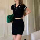 Short-sleeve Contrast Trim Collared Knit Top / Mini Pencil Skirt