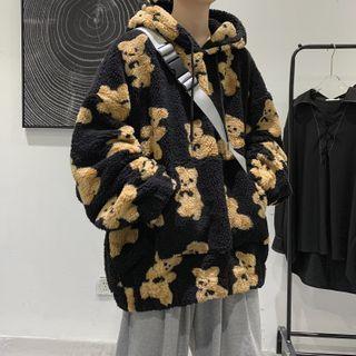 Bear Print Fleece Zip-up Hoodie