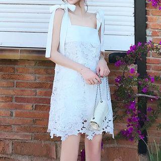 Ribbon Sleeveless Mini A-line Lace Dress