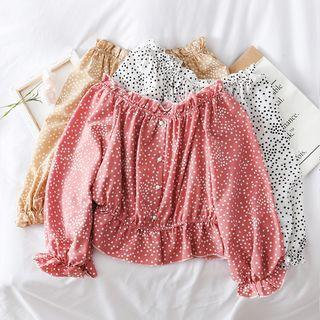 Boatneck Ruffled-trim Dotted Top